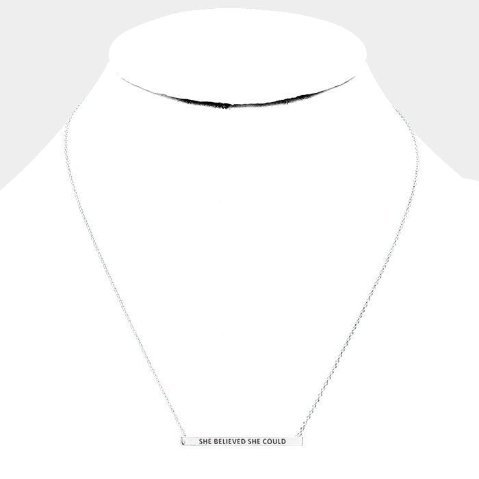 “She Believed She Could” Horizontal Metal Bar Pendant Gold Dipped Necklace