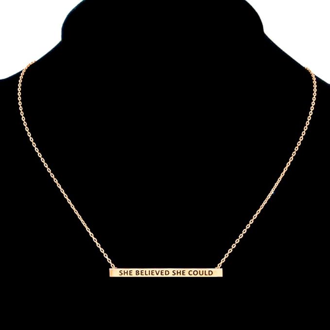 “She Believed She Could” Horizontal Metal Bar Pendant Gold Dipped Necklace