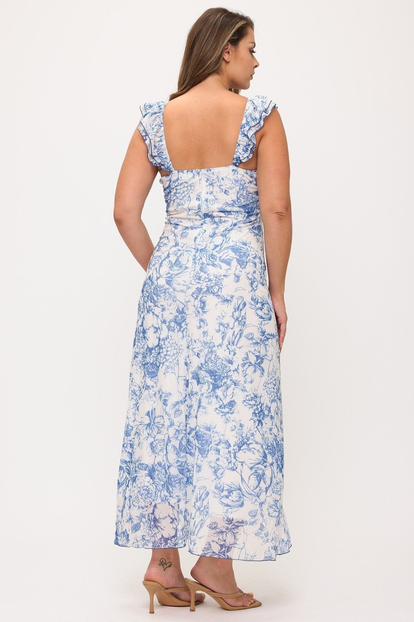 Sky Blossom Floral Mesh Maxi Dress – Plus Size Ruffle Sleeve Dress