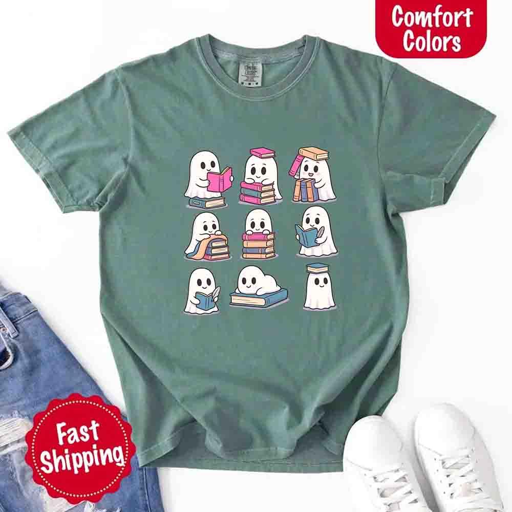 Ghost Reading Comfort Colors Shirt – Spooky Book Lover Halloween Tee