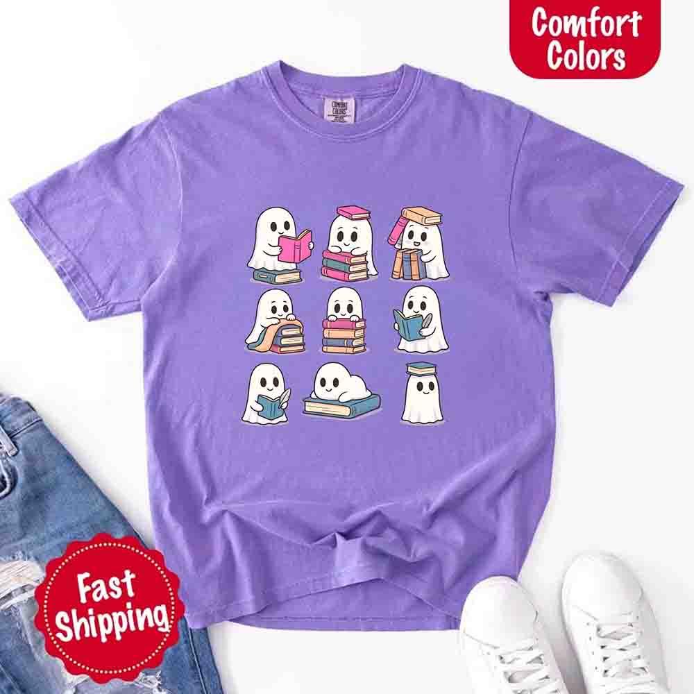 Ghost Reading Comfort Colors Shirt – Spooky Book Lover Halloween Tee