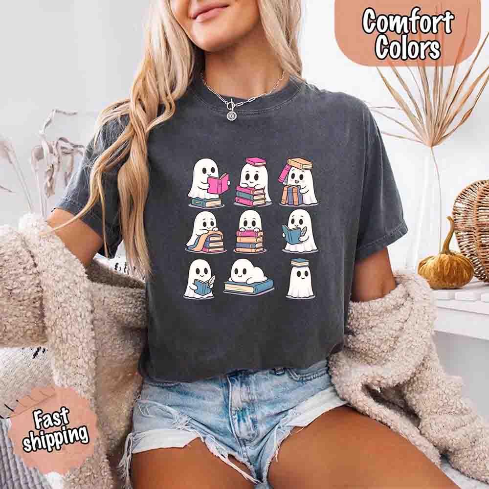 Ghost Reading Comfort Colors Shirt – Spooky Book Lover Halloween Tee