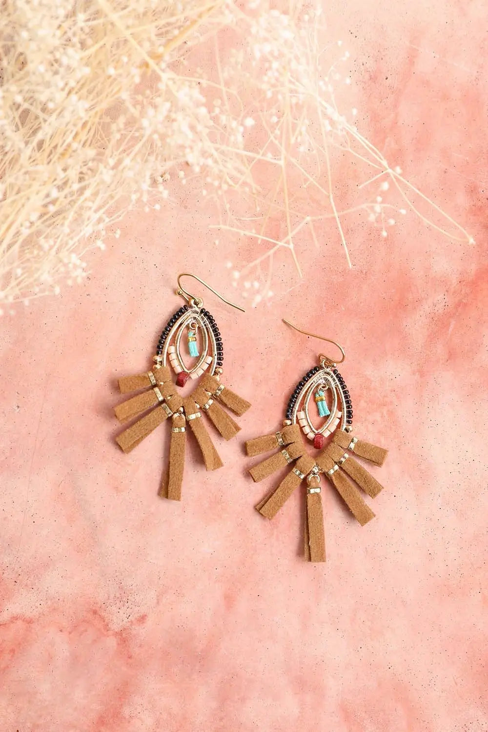Suede Fringe Beaded Earrings