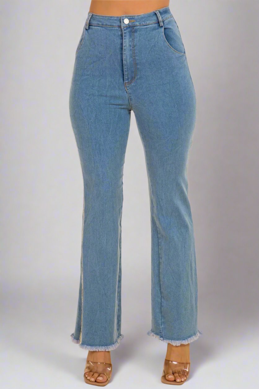 Tamera Rhinestone Trim Side Slit Stretch Denim Pants for Chic Comfort and All-Day Style