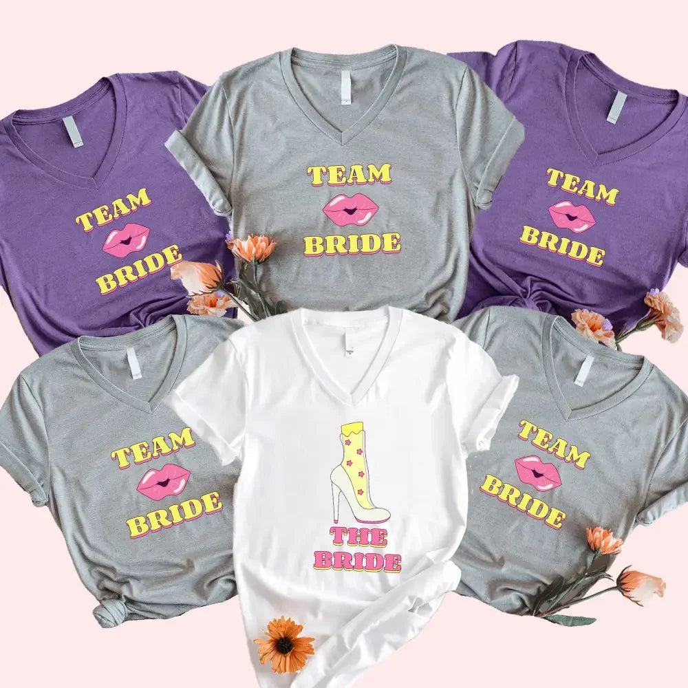 🍾 Team Bride & The Bride 💍 Bachelorette Party Matching V-Neck T-Shirts