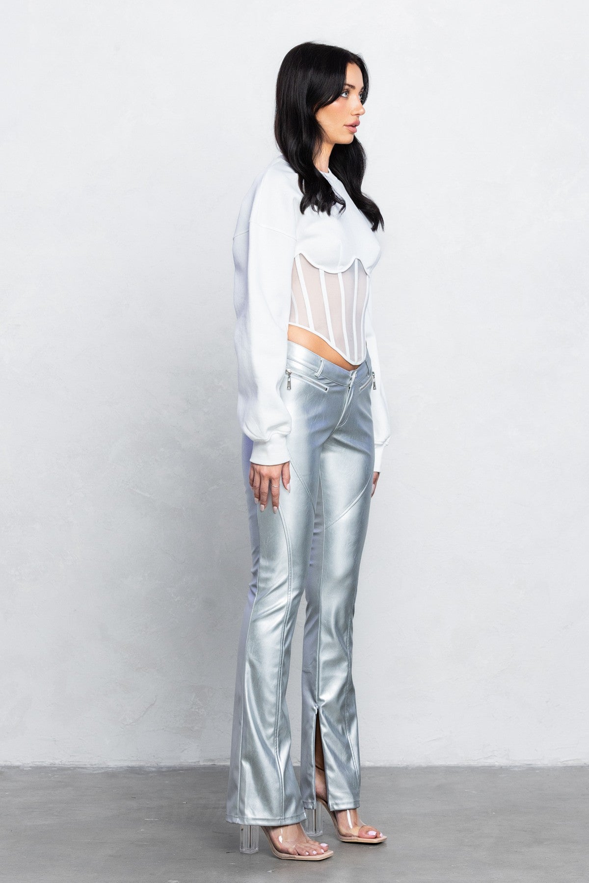 V-Cut vegan Leather Boot-Cut Pants | Low Rise Trendy Zipper Detail Pants