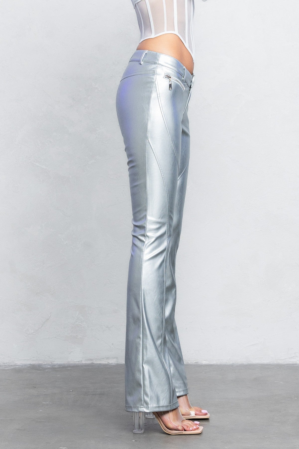 V-Cut vegan Leather Boot-Cut Pants | Low Rise Trendy Zipper Detail Pants