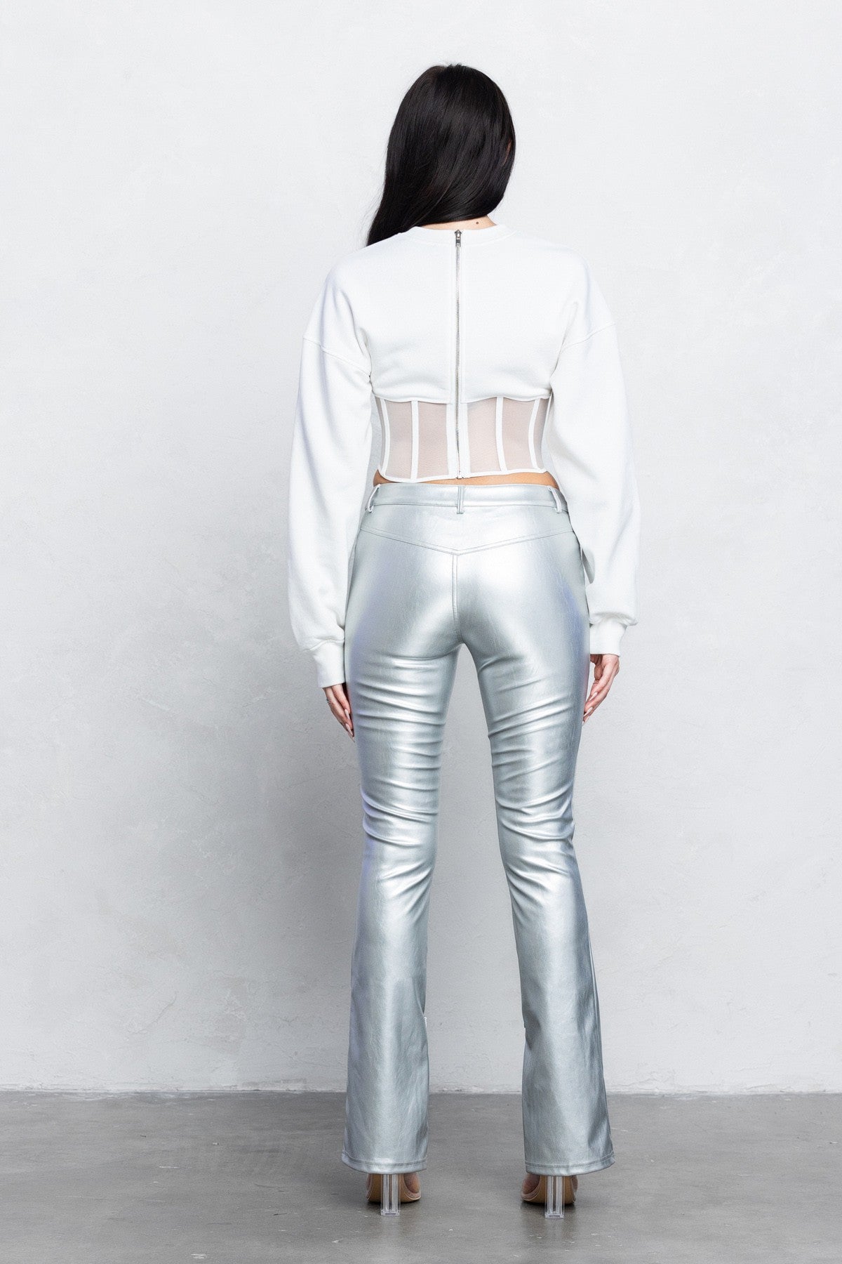 V-Cut vegan Leather Boot-Cut Pants | Low Rise Trendy Zipper Detail Pants