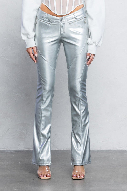 V-Cut vegan Leather Boot-Cut Pants | Low Rise Trendy Zipper Detail Pants