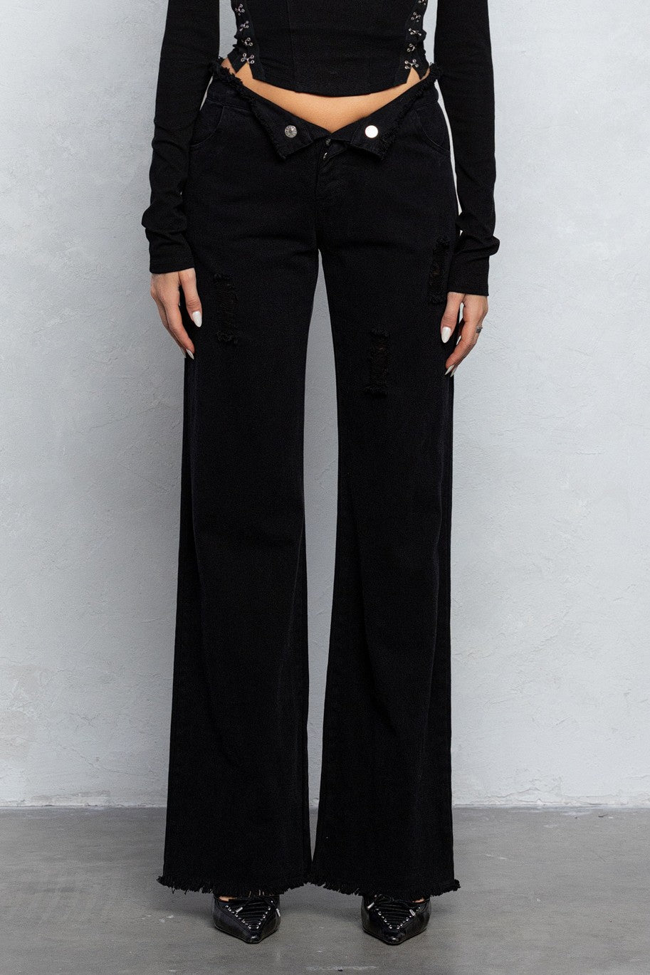 V-Line Folded Detail Destroyed Twill Pants | Raw Hem Street Style