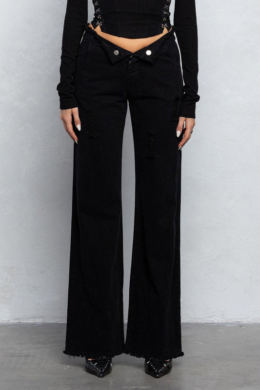 V-Line Folded Detail Destroyed Twill Pants | Raw Hem Street Style