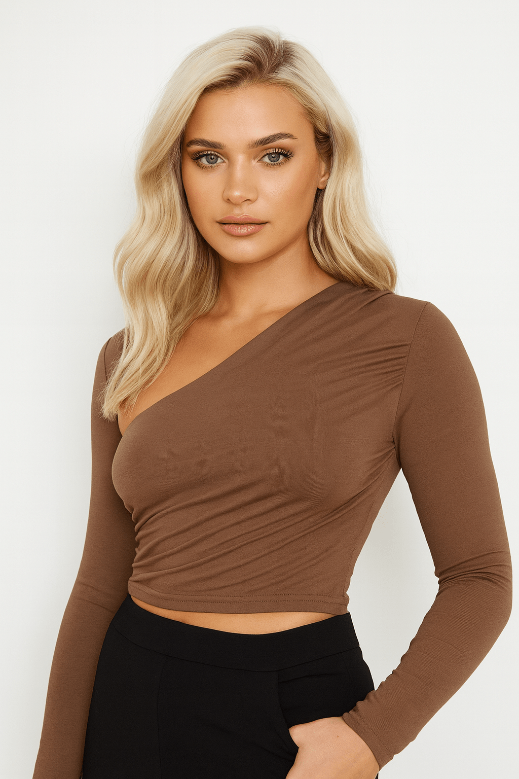 Women’s Long Sleeve Asymmetrical Ruched Crop Top – Bodycon Mini, Made in USA