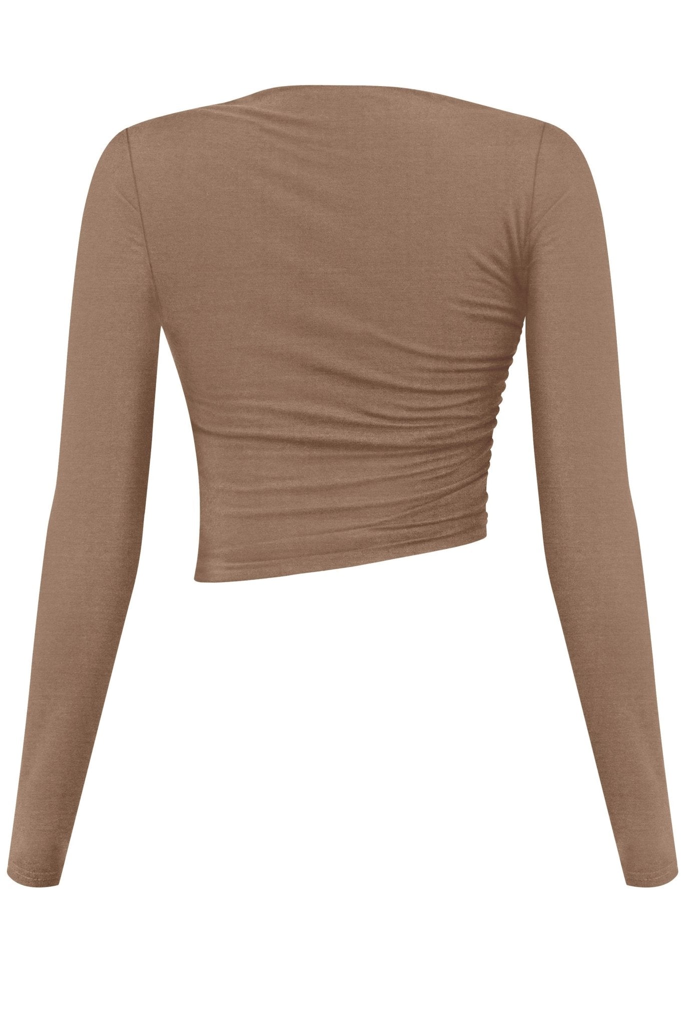 Women’s Long Sleeve Asymmetrical Ruched Crop Top – Bodycon Mini, Made in USA