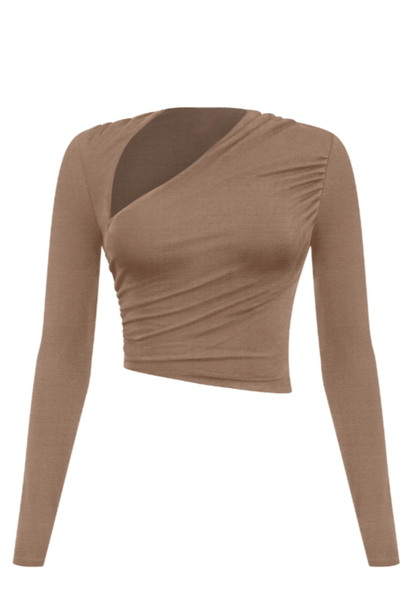 Women’s Long Sleeve Asymmetrical Ruched Crop Top – Bodycon Mini, Made in USA